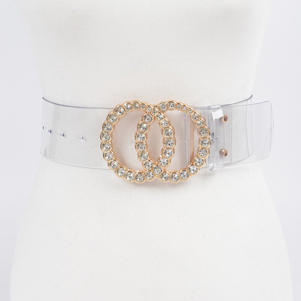 BNWT Crystal Double Ring Buckle Cleared Transparent Fashion Belt - GOLD